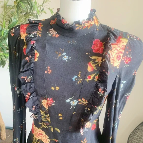 ZARA Floral Ruffle High Neck Mini Dress Size S - Picture 2 of 6